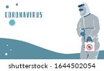 Coronavirus text on white backdrop with copy space. Man in chemical protection suit for social banner, medical poster, social network warning or info card. Minimal style stock vector illustration