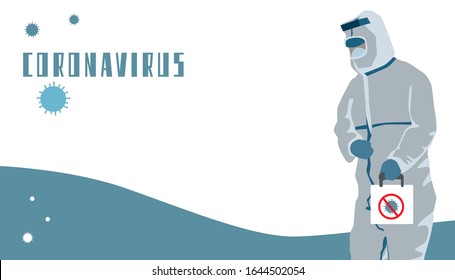 Afiche médico con letras de coronavirus y espacio para copiar en blanco. Atención al peligro epidémico global de la neumonía. Hombre con traje de protección química con logotipo del virus patógeno. Ilustración vectorial de existencias
