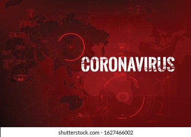 Coronavirus text outbreak with the world map and HUD circle element cyber futuristic concept, Abstract background virus hazard vector illustration