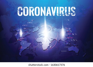 Coronavirus text outbreak with the world map and HUD circle element cyber futuristic concept, Abstract background virus hazard vector illustration