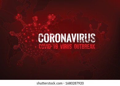 Coronavirus text outbreak with the world map and 3D wireframe virus cyber futuristic concept, Abstract background virus hazard vector illustration