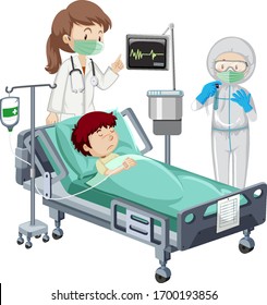 Coronavirus theme with sick boy on hospital bed illustration