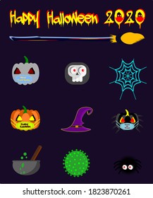 Coronavirus themed Halloween icons or elements 2020, Vector clip art collection
