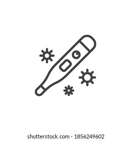 Coronavirus thermometer line icon. linear style sign for mobile concept and web design. Covid-19 virus thermometer outline vector icon. Symbol, logo illustration. Vector graphics