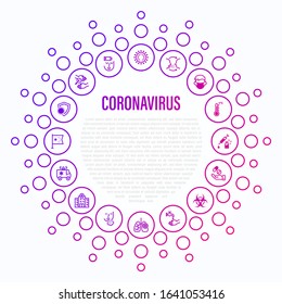 Coronavirus thin line icons in circle shape. Virus, airborne infection, medical mask, fever, vaccine, hand washing, bacteria under magnifier, pneumonia, inflammation in lungs. Vector illustration
