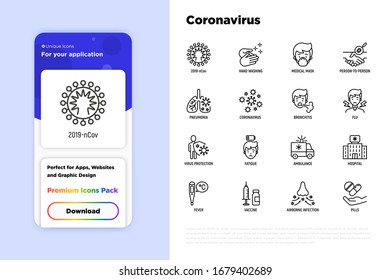 Iconos de línea delgada de Coronavirus. Síntomas y prevención: 2019-ncov, máscara quirúrgica, persona a persona, lavado de manos, neumonía, bronquitis, ambulancia. Ilustración vectorial para la interfaz de usuario móvil.