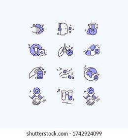 Coronavirus thin line icons set. Virus, airborne infection, medical mask, fever, vaccine, hand washing, pneumonia, person to person Vector illustration stock illustration,
Coronavirus, Icon, COVID 19