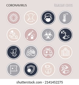Iconos de línea delgada de Coronavirus. Los aspectos más destacados de la portada de las historias. Virus, infección aérea, máscara médica, fiebre, vacuna, lavado de manos, bacterias bajo lupa, neumonía. Ilustración del vector
