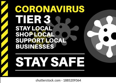 Coronavirus Tier 3 Stay Safe Support Local - Ilustración con logotipos de virus en un fondo negro.