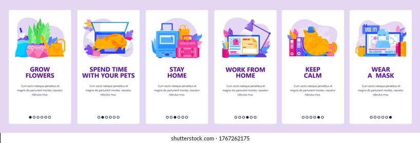 Coronavirus tips website and mobile app onboarding screens. Menu banner vector template for web site and application development. Stay home, work remotely, keep calm during coronavirus quarantine.