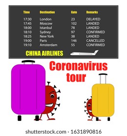 Coronavirus tour. The global coronavirus from China is spreading with tourists on airplanes. An evil red virus hides behind purple and yellow suitcases. Square vector.