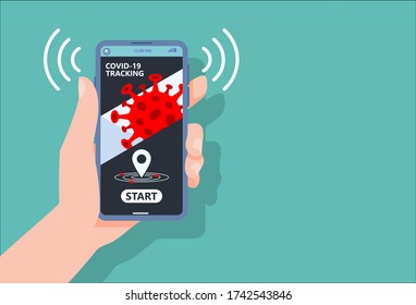 Coronavirus tracking apps concept with hand holding smartphone and application design on screen for reduce COVID-19 spreading after quarantine detecting infected people.Vector Illustration.copy space.