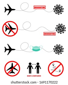 Coronavirus travel bans with COVID-19 virus pandemic icon for web articles, news, infographics, magazines, canceled airplane flights, 2019-nCoV quarantine