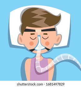 Coronavirus treatment concept. Boy in an oxygen mask for lung ventilation. Breathing oxygen apparatus. Flat vector illustration in cartoon style.