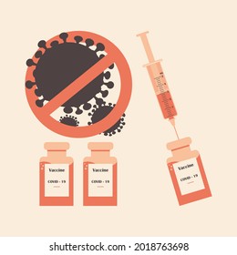 Coronavirus treatment concept. Injection against Covid-19. Syringe and vials of vaccine for vaccination against the virus in pastel pink colors. Stop sign. Vector.