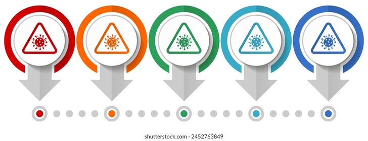 Coronavirus triangle warning sign, covid-19 caution vector icon set, flat design infographic template, set pointer concept icons in 5 color options for webdesign and mobile applications