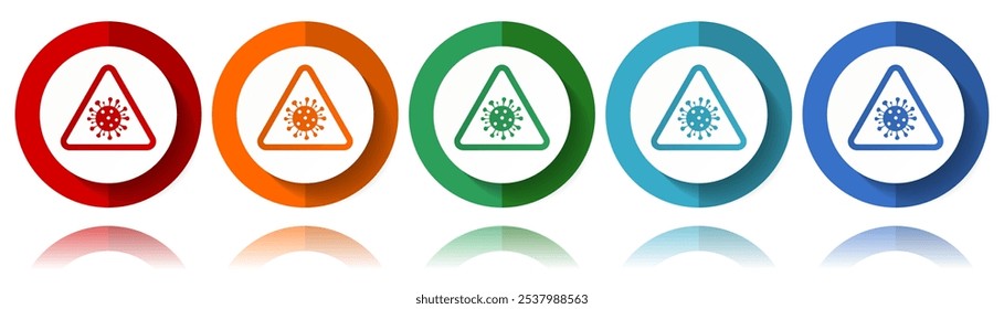 Coronavirus triangle warning sign, covid-19 caution vector icons, flat icon set for logo design, webdesign and mobile applications, colorful web button collection in eps 10