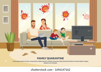 Coronavirus Trying Enter House Quarantine Family. Mother Care About Father, While Children Playing Game Console On Tv. Fun Cartoon Characters. Parents And Children At Living Room Modern Interior.