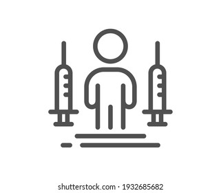 Coronavirus two injections line icon. Corona vaccine syringe sign. Covid jab symbol. Quality design element. Linear style coronavirus injections icon. Editable stroke. Vector