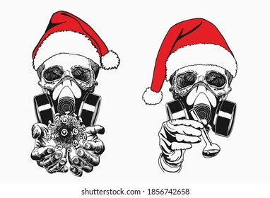 Coronavirus. Two mens' skulls in Santa Claus hat isolated on white background holding virus and serum bottle, vector illustration