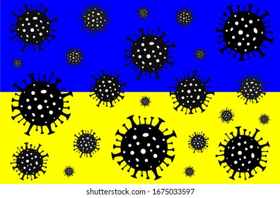 Coronavirus in Ukraine. Coronavirus danger. Novel coronavirus (2019-nCoV), Abstract virus strain model. Coronavirus on the background of the flag of Ukraine