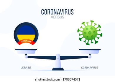 Coronavirus or Ukraine vector illustration. Creative concept of scales and versus, On one side of the scale lies a virus covid-19 and on the other ukraine flag icon. Flat vector illustration.