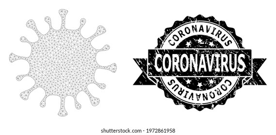 Coronavirus unclean stamp seal and vector coronavirus mesh structure. Black stamp seal has Coronavirus caption inside ribbon and rosette. Abstract 2d mesh coronavirus, designed with triangular grid.
