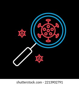 Coronavirus under magnifying glass vector flat icon on black background. Novel coronavirus. Graph symbol for medical web site and apps design, logo, app, UI