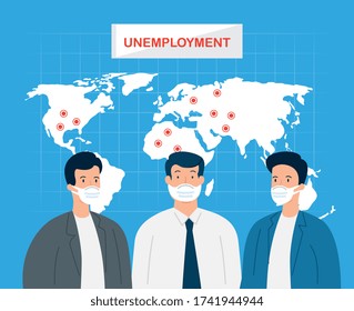 coronavirus, unemployment, jobless from covid 19, company closed and business shut down, businessmen with world map vector illustration design