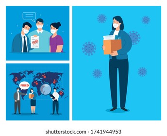 Coronavirus, Unemployment, Jobless From Covid 19, Company Closed And Business Shut Down, Scenes People Unemployment Using Face Mask Vector Illustration Design