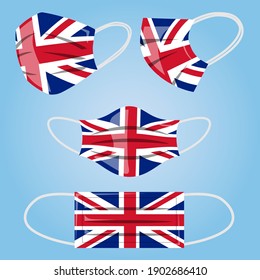 Coronavirus in United Kingdom. Protective medical face mask in colors of Britan flag. Vector of surgical mask with UK flag. Concept of coronavirus quarantine.