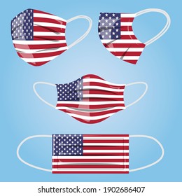 Coronavirus in United States. Protective medical face mask in colors of American flag. Vector of surgical mask with USA flag. Concept of coronavirus quarantine.