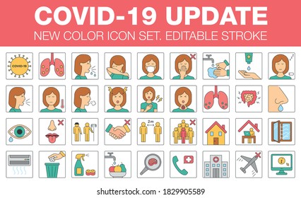 Coronavirus Update. New COVID-19 Variants. Color Icon Set For Infographic Or Website. Covid 19 Symptoms, Transmission And Prevention Icons. Editable Stroke. Vectors