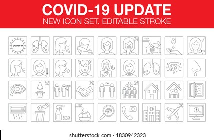 Coronavirus update. New line icon set for infographic or website. Covid-19 symptoms, transmission and prevention outline icons. Virus pandemic vector illustrations. Editable Stroke