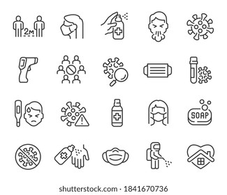 Coronavirus updated Icon Set. Collection of simple linear web icons such Virus, Pyrometer, Distance, Mask, Antiseptic, Symptoms, Disinfection, Test and others. Editable vector stroke.