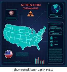 Coronavirus en Estados Unidos. Las estadísticas gráficas difunden coronavirus con iconos y números. Virus Wuhan 2019-nCoV en el mapa de Estados Unidos. Plantilla para agregar estadísticas de brote de gripe. Cartel informativo para las noticias.