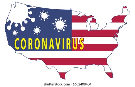 
coronavirus in the USA - map of the United States of America with the coronavirus symbol Covid 19 and the inscription "Coronavirus" (vector graphic design)