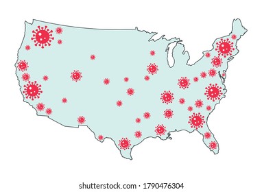 Coronavirus in the USA. Coronavirus map of the United States of America. USA Covid-19 map. USA coronavirus map. Corona vector map of USA.