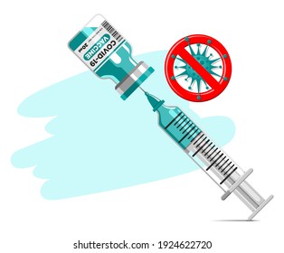 Coronavirus vaccinate concept. Covid-19 corona virus vaccination with vaccine bottle and syringe injection tool for covid19 immunization treatment. Vector on transparent background