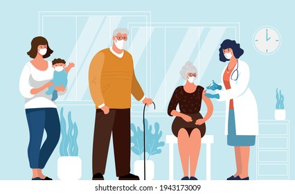 Coronavirus vaccination for adults and the elderly, men and women await an injection of the vaccine at the hospital. The doctor treats patients. Vector flat illustration.