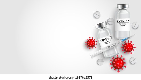 Coronavirus vaccination background. Vaccine with syringe and pills, virus protection