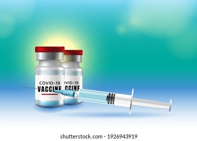 Coronavirus vaccination banner with copy space background. Covid-19 corona virus vaccine vials red caps and blue syringe injection mockup template. Ready to use for your design. Vector Illustration.