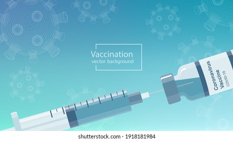 Coronavirus vaccination banner with covid-19 vaccine bottle, syringe and macro virus cells on turquoise blue background. Vector concept of immunization, treatment, medical research.