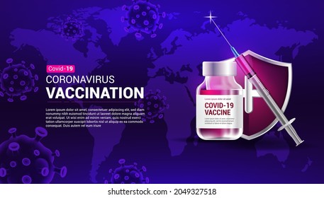 Coronavirus Vaccination Banner With Syringe, Vaccine, Shield, Coronavirus and World Map