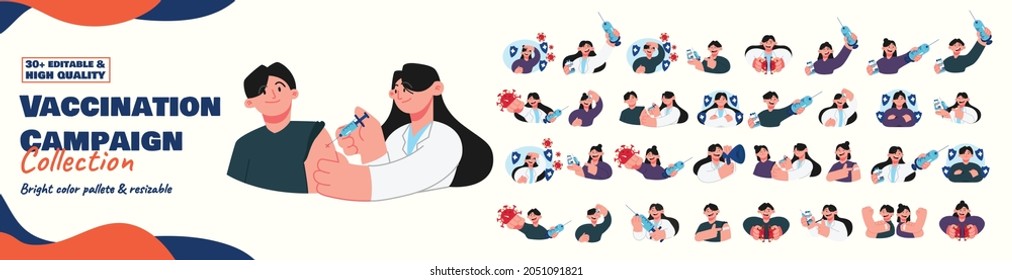 Coronavirus Vaccination Campaign, Doctor Injecting A Patient,getting First Shot Of Covid Vaccine In Arm Muscle. Process Of Immunization Against Covid-19. Vector Illustration, Sticker Pack, Flat Design