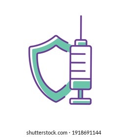 Coronavirus vaccination color icon with shiel and syringe. Medicine and health care concept. Thin line customizable illustration. Vector isolated outline drawing.