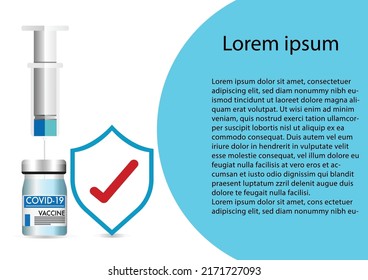 Coronavirus vaccination concept. Covid-19 medicine bottle with syringe, isolated against blue background.