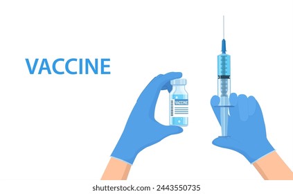 Coronavirus vaccination concept. Hands in blue gloves of doctor, scientist hold an ampoule, syringe. Vector illustration in a flat style