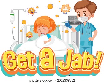 Coronavirus vaccination concept with Jab Time font and doctor cartoon character illustration