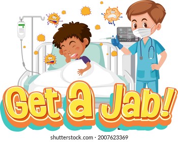 Coronavirus vaccination concept with Jab Time font and doctor cartoon character illustration